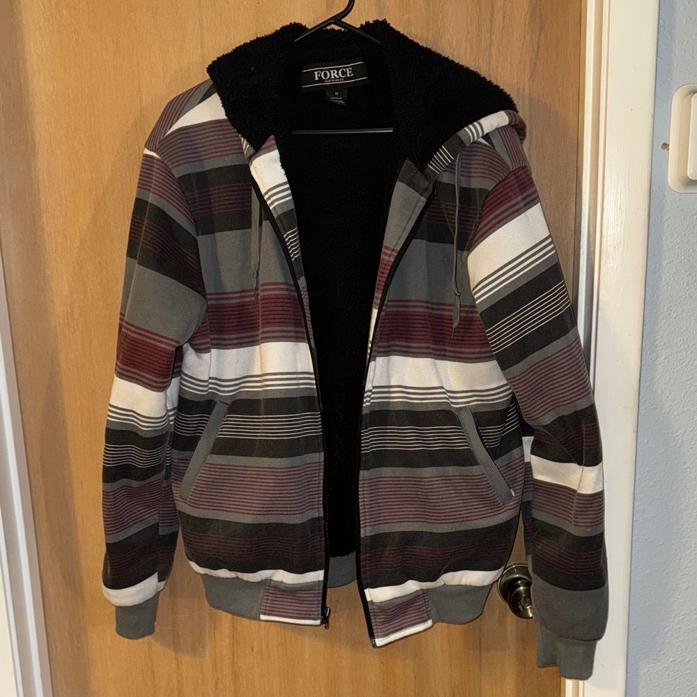 Force Full Zip Sherpa Lined Striped Hoodie Medium